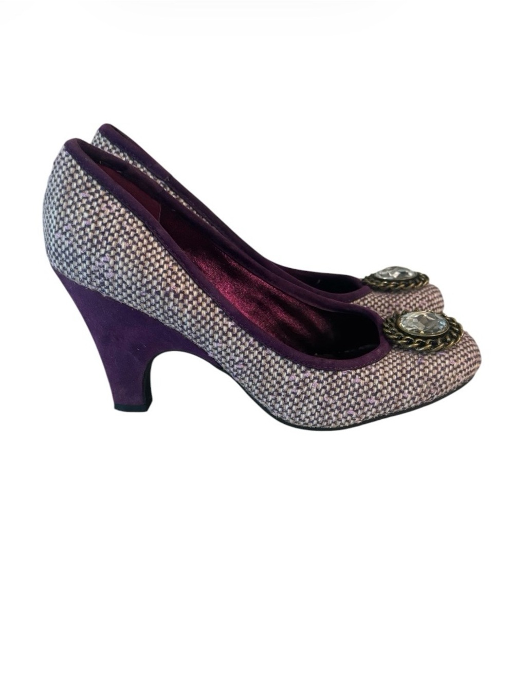 Lindsay Phillips Elegant Purple Tweed Mid-Heel Pumps with Jewel Accent Sz 7M